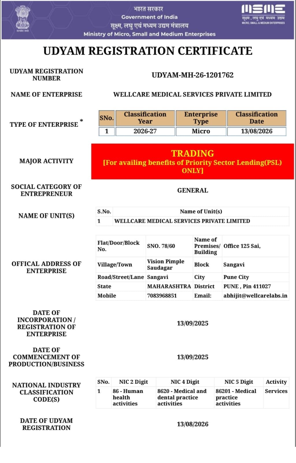 MSME Udyam Registration Certificate – Wellcare Labs